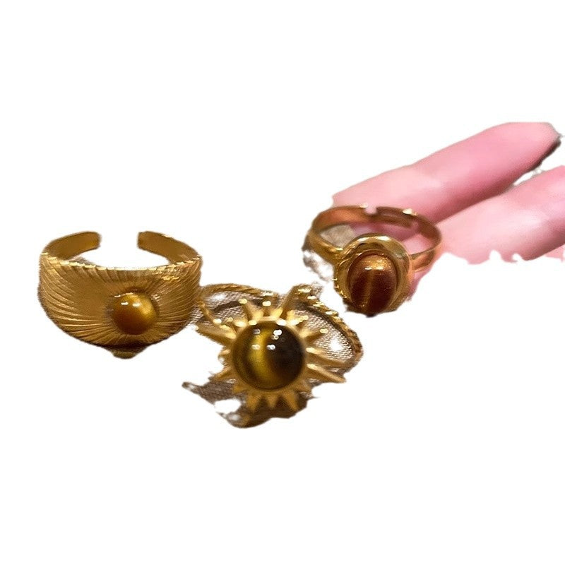 Wholesale Chic Sunflower Tiger Eye Stone Ring Women' s Alloy Electroplated Geometric Design Jewelry Accessory for Boutique Resale