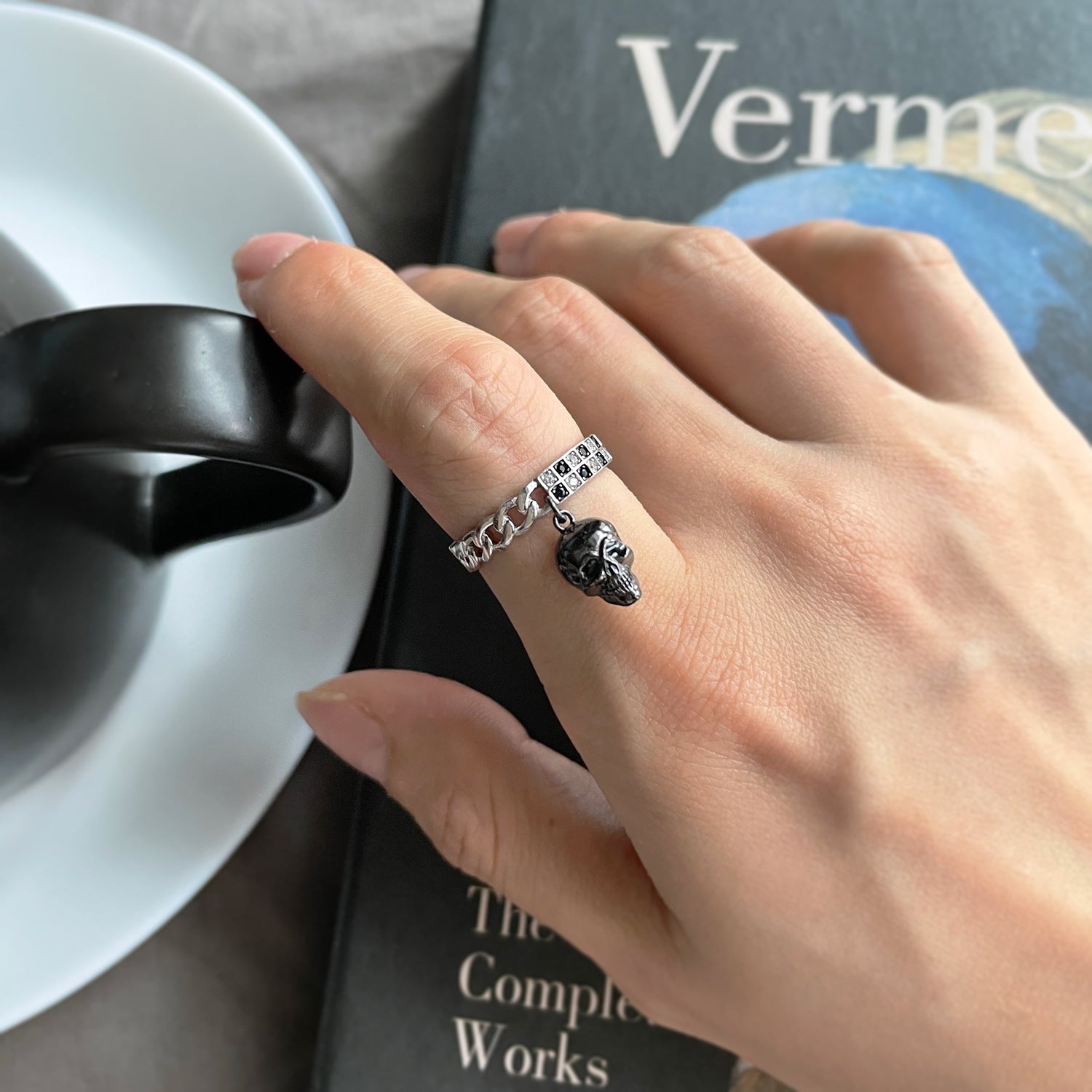 Wholesale Black and White Mosaic Skull S925 Sterling Silver Rings ACC-RS-MC008