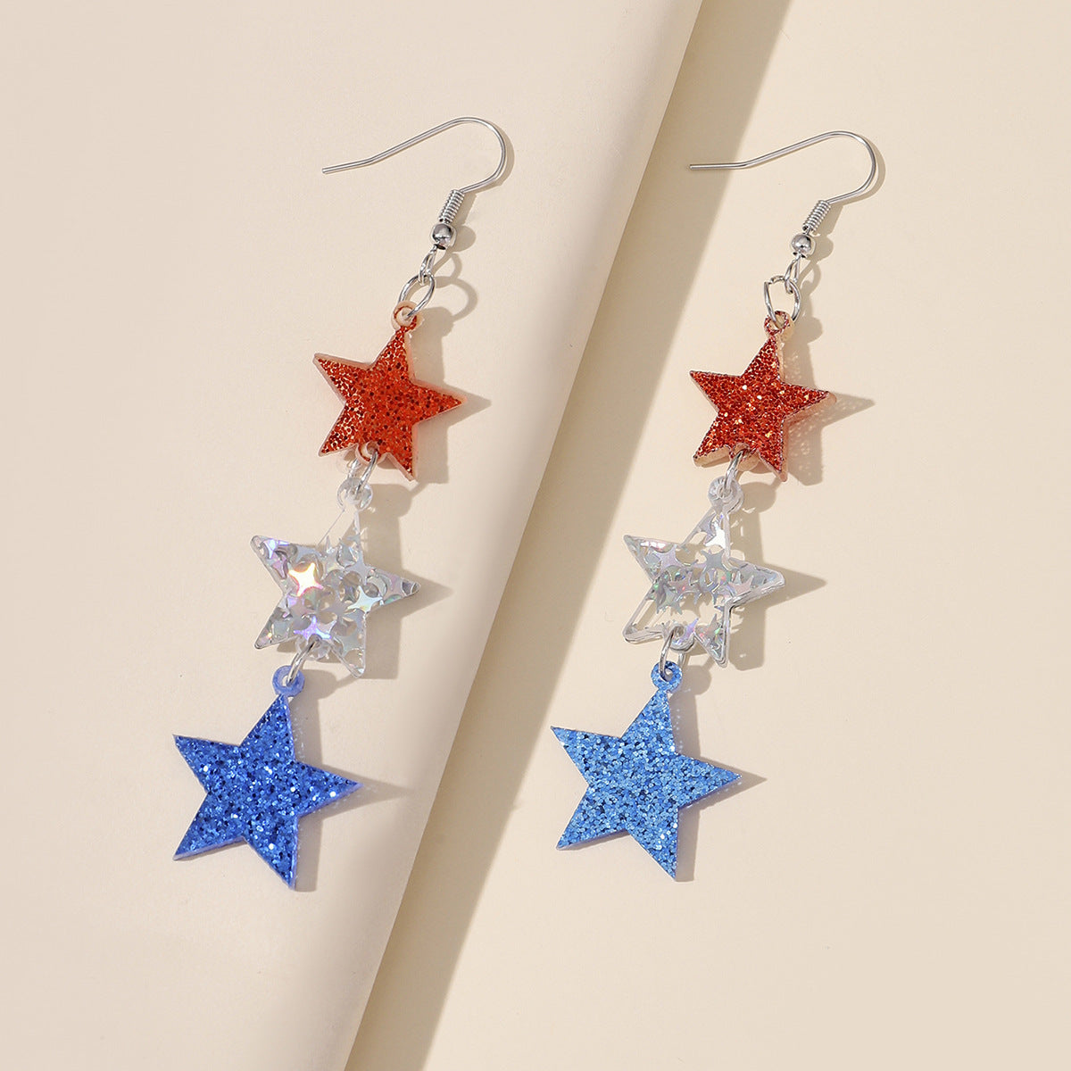 Wholesale Independence Day National Day Red, White and Blue Three-color Stars Love Glitter Acrylic  Earrings