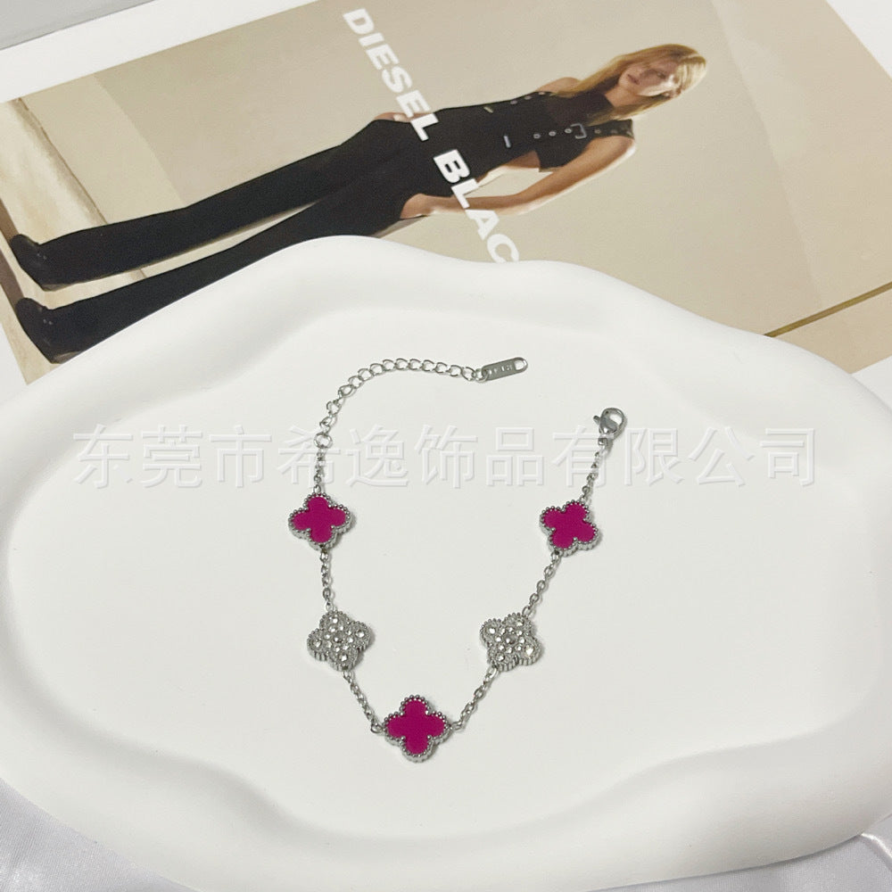 Wholesale Trendy Four-Leaf Clover Rhinestone Bracelet Titanium Steel Jewelry for Office Ladies Everyday Wear Gift