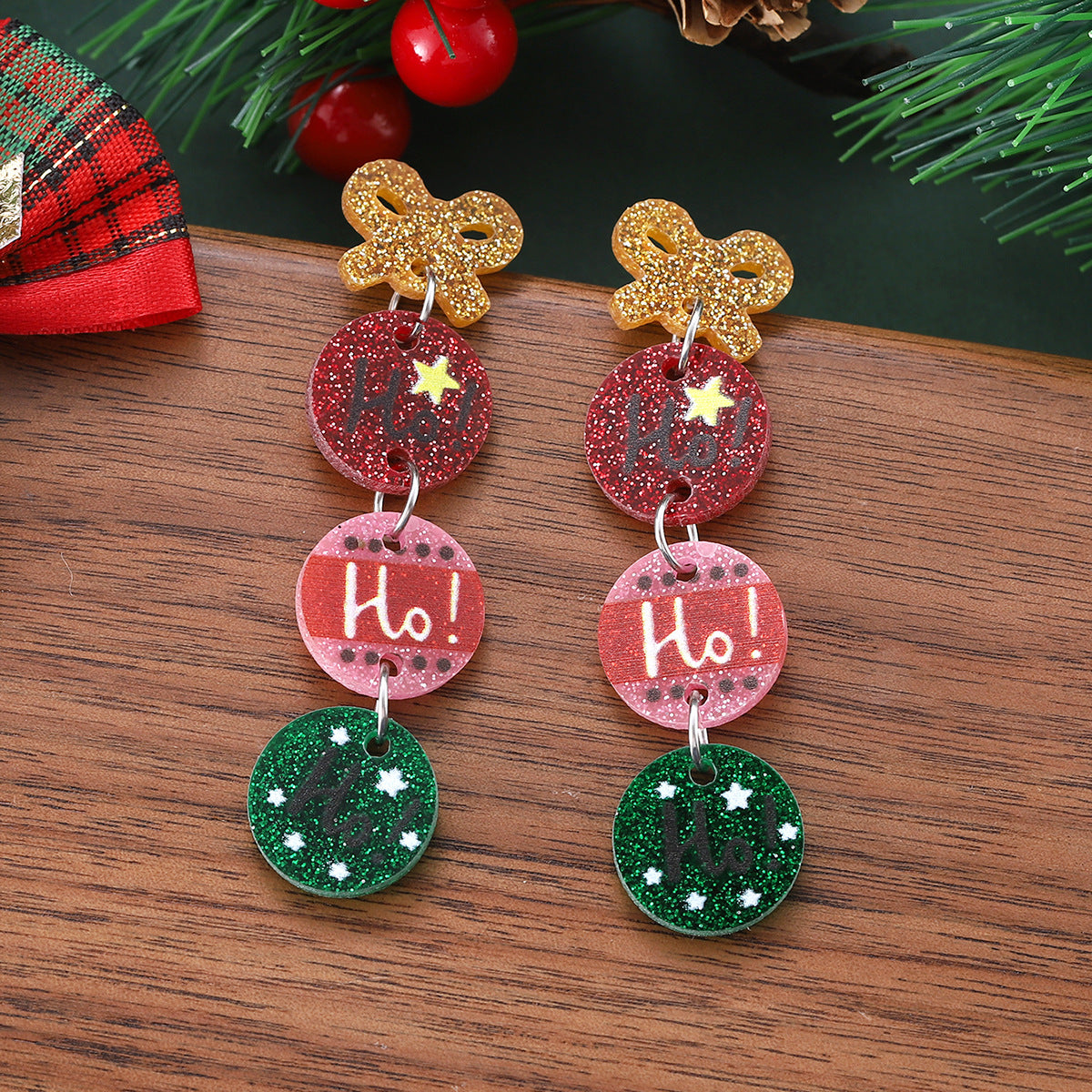 Wholesale Christmas star bow round sequin acrylic pendant earrings geometric four-piece ing earrings