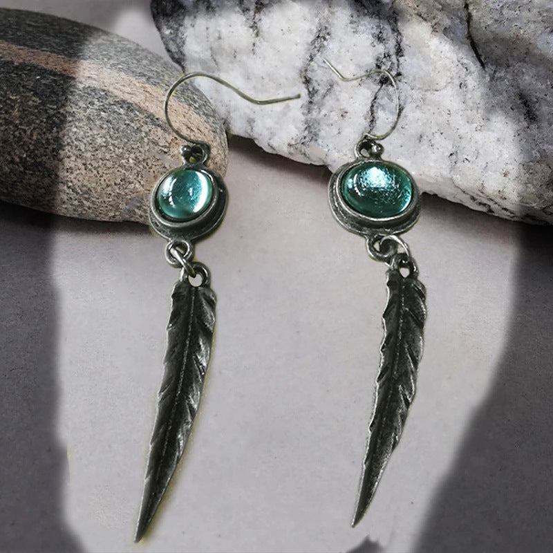 Wholesale Retro blue stone feather pendant earrings