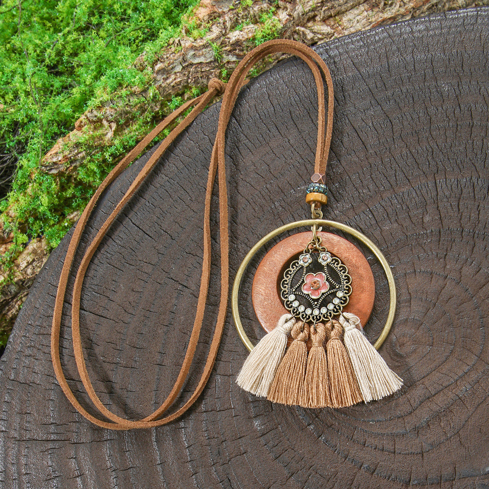 Wholesale Zinc Alloy Bohemian Ethnic Style Long Necklace with Wooden Tassel
