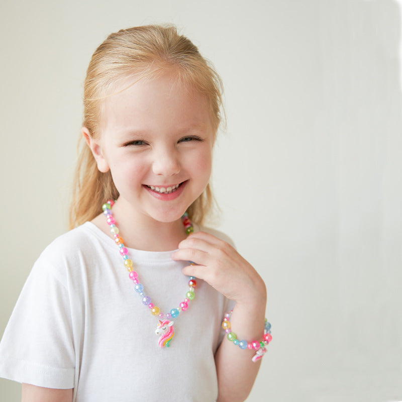 Wholesale Cartoon Unicorn Girl Jewelry Set Color Beaded Bracelet Necklace