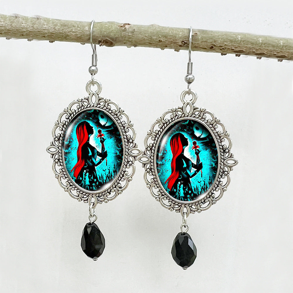 Wholesale Halloween Stainless Steel Ear Hook Oval Lace Metal Earrings ACCVIP-ES-XiangLian004