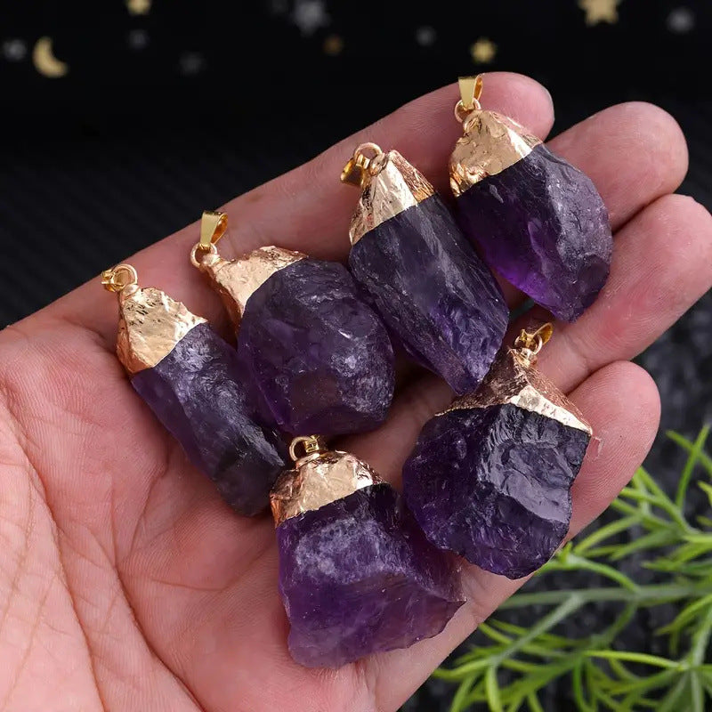 Wholesale Irregular Natural Amethyst Crystal Pendant Necklace Gold Plated DIY Charm Jewelry Accessory