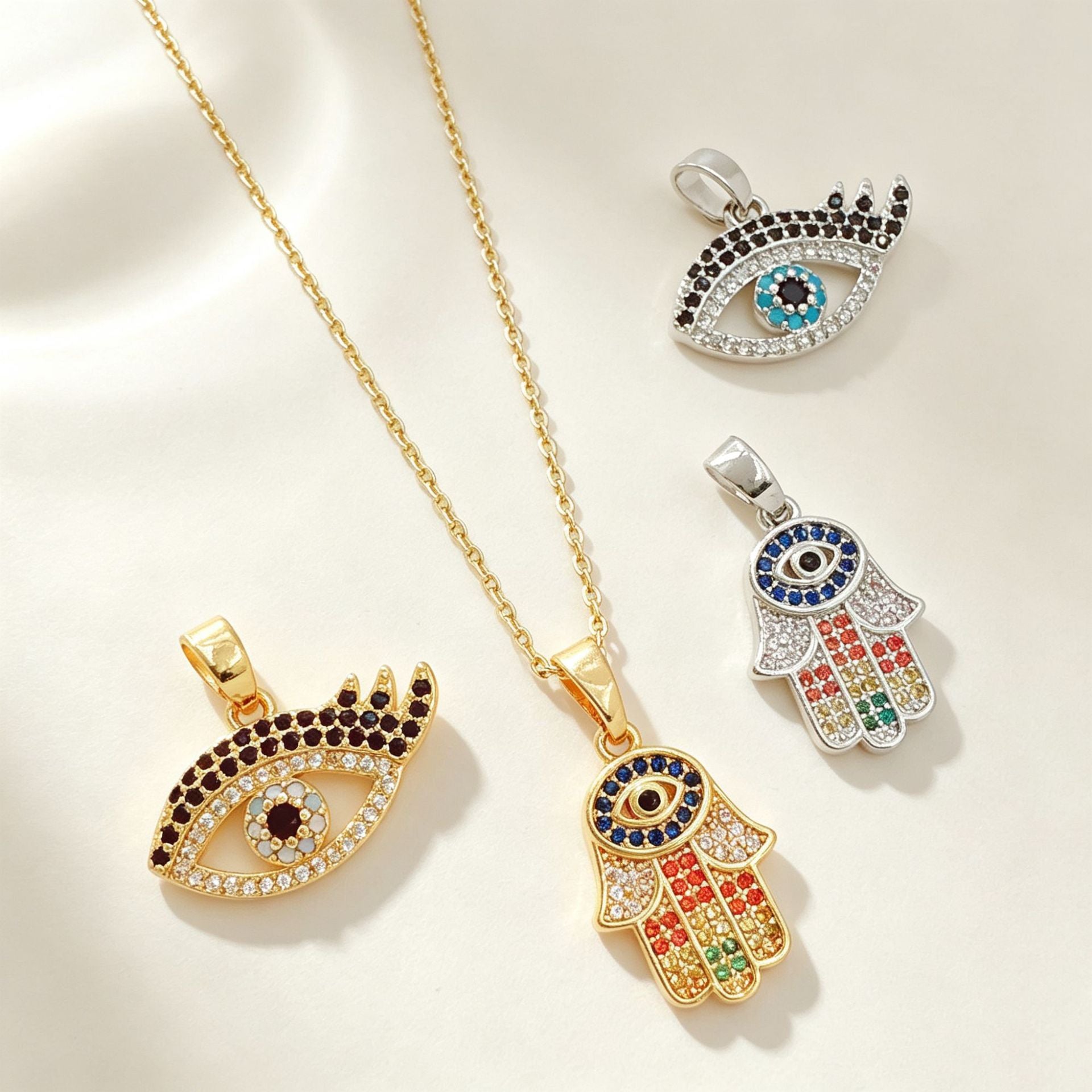 Wholesale Trendy Hamsa Pendant 18K Gold Plated Copper Zircon Jewelry Accessory Gift