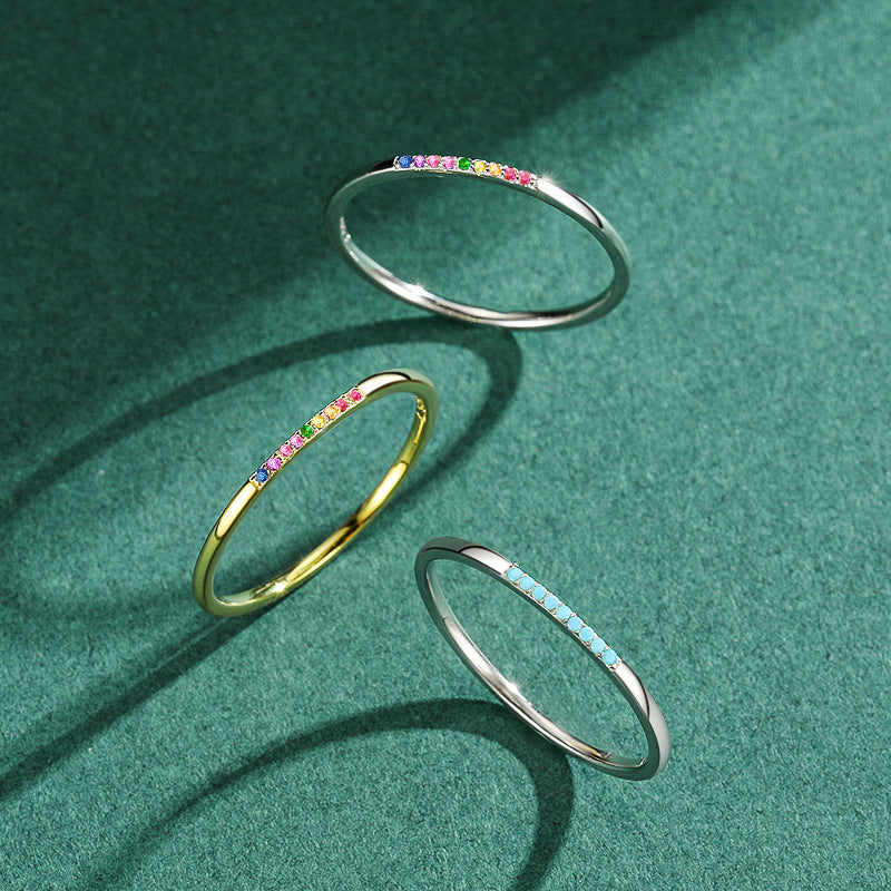 Wholesale  s925 Sterling Silver Simple All-Match Slim Rainbow Stone Ring