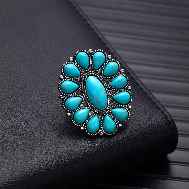 Wholesale Retro Bohemian Silver Flower Imitation Turquoise Ring - Fashion Accessory for Boutique Resale