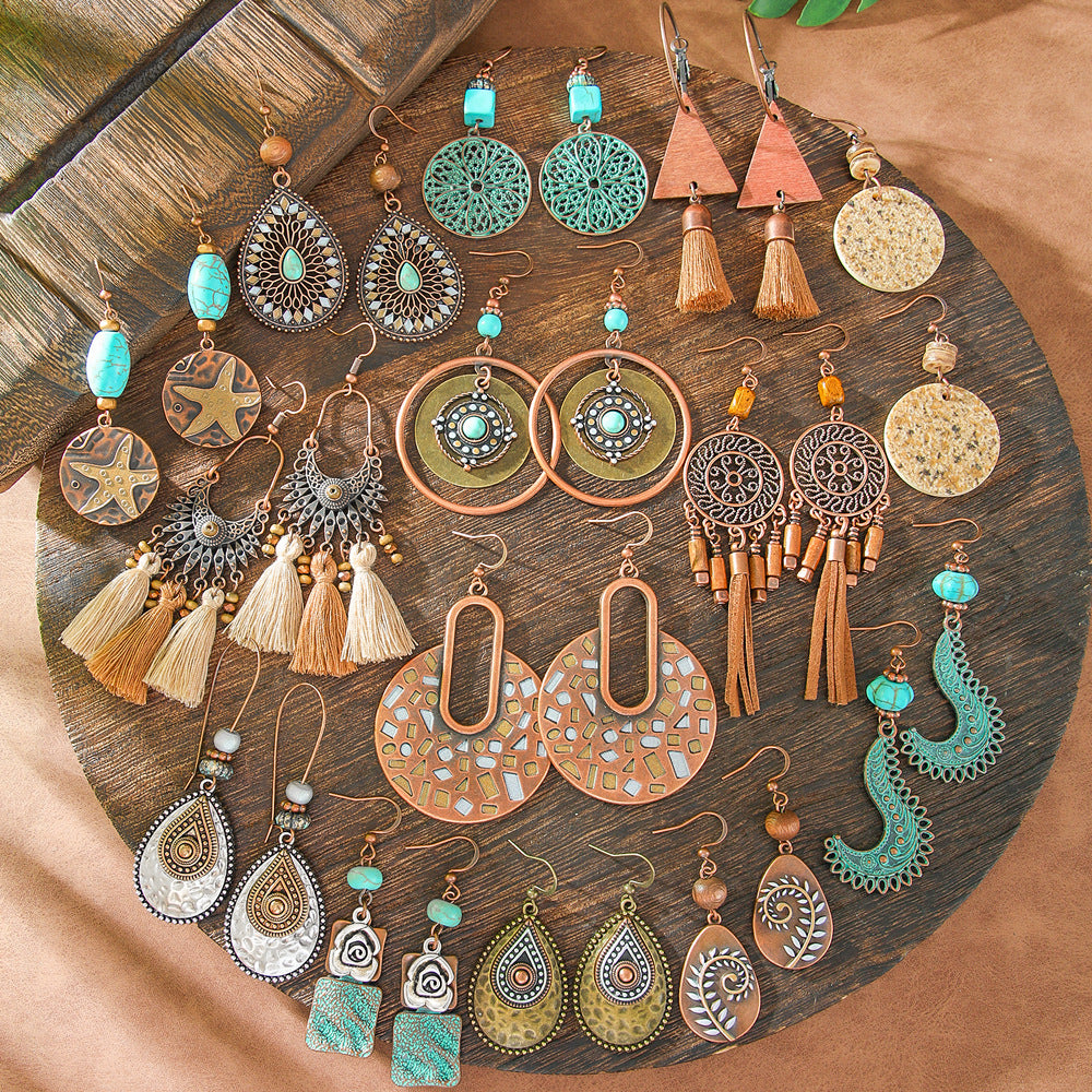 Wholesale Bohemian Geometric Tassel Earrings Set - Zinc Alloy Hollow Cloisonné - Fashion Accessory for Gift or Resale