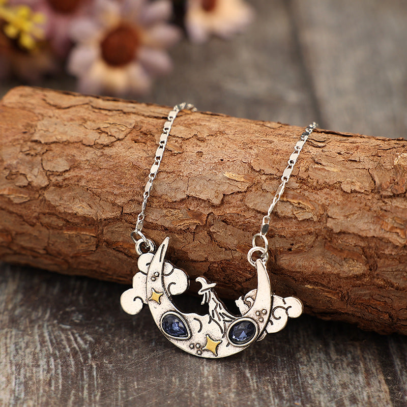 Wholesale Retro style crescent-shaped carved star cloud cat alloy Bohemian necklace