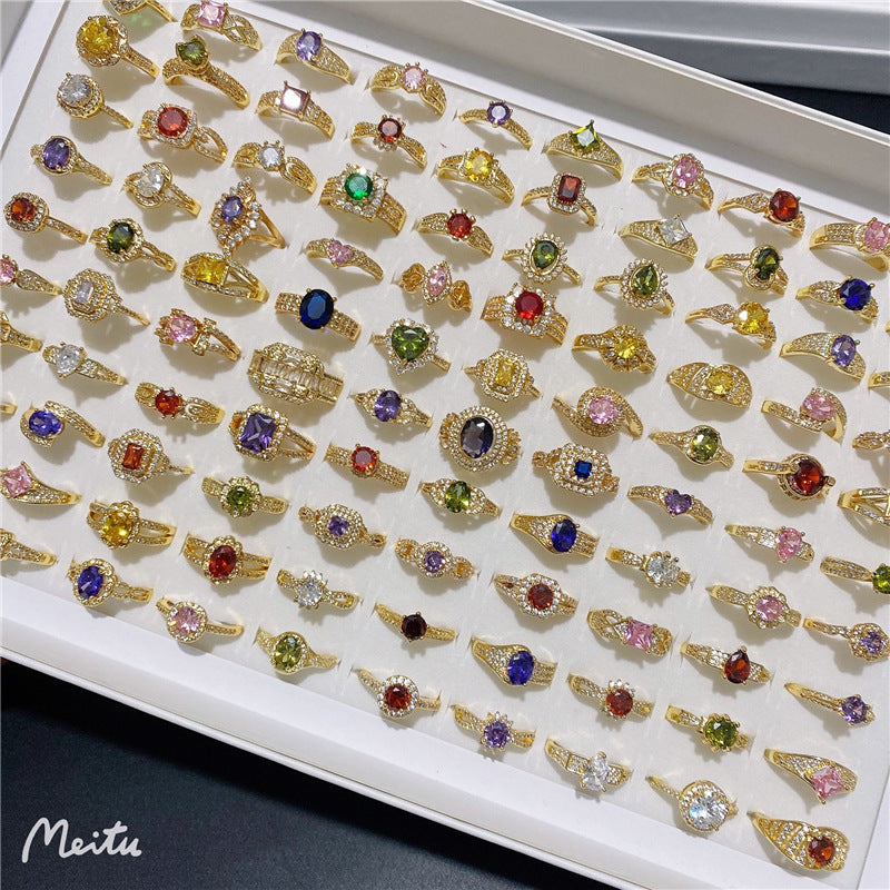 Wholesale Chic Colorful Zircon Inlaid Ring Gold Plated Copper Jewelry Accessory