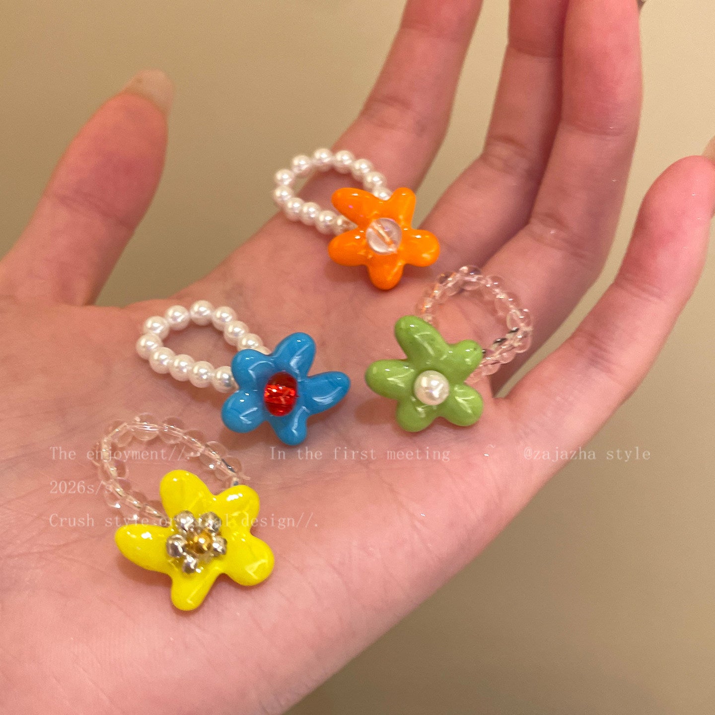 Wholesale Handmade Acrylic Flower Beaded Ring – Colorful Dopamine Summer Vacation Fashion Accessory for Women