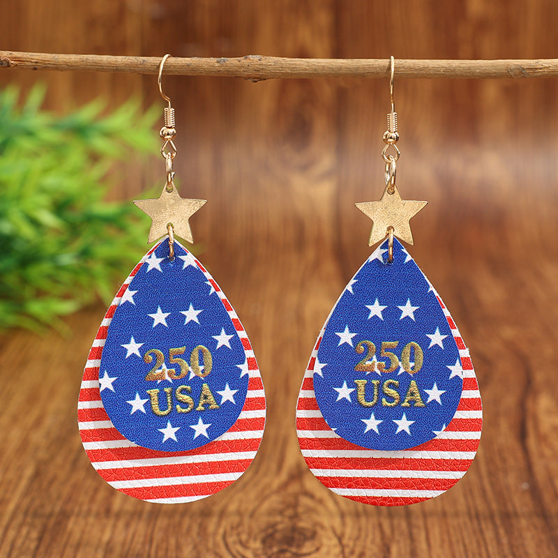 Wholesale American Independence Day Flag Striped Leather Double Layer Earrings