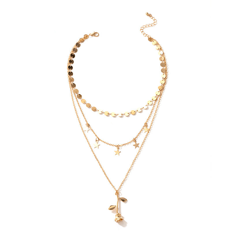 Wholesale Valentine's Day Tassel Five-pointed Star Rose Multi-layer Disc Gold Necklace ACC-NE-YongGe021