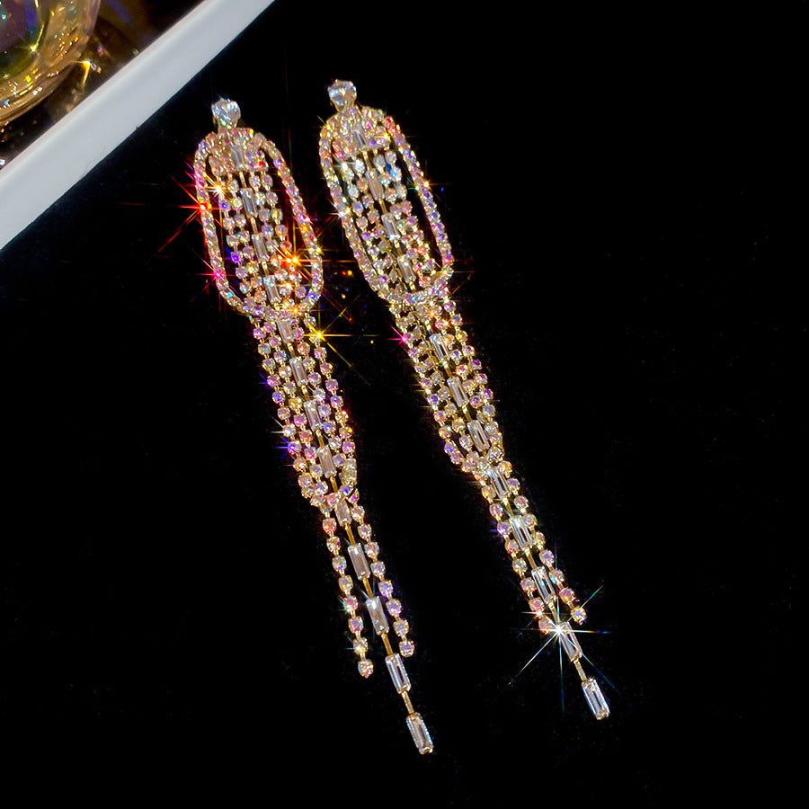 Wholesale Light luxury diamond oval tassel silver needle earrings