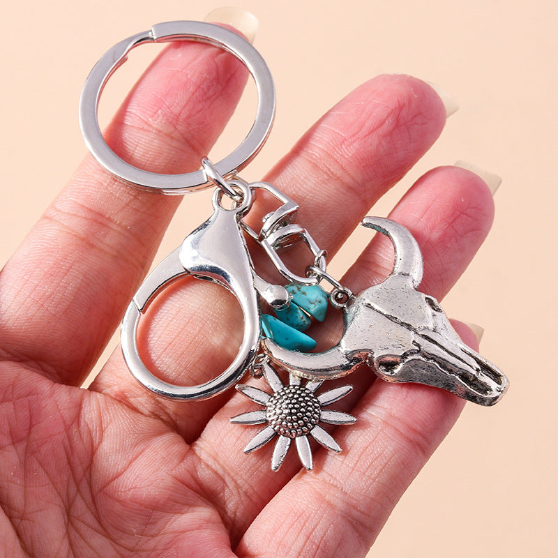 Wholesale  New Fashion Retro Floral Bull Head Keychain Ethnic Style Turquoise Rose Elephant Keychain