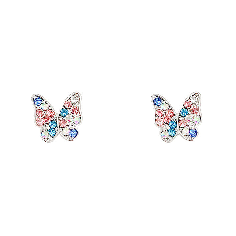 Wholesale 925 silver needle small simple colorful flash diamond butterfly earrings