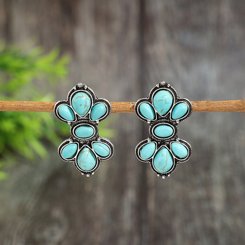 Wholesale Vintage Distressed Turquoise Alloy Earrings Western Bohemian Ethnic Geometric Studs for Women Fashion Accessory
