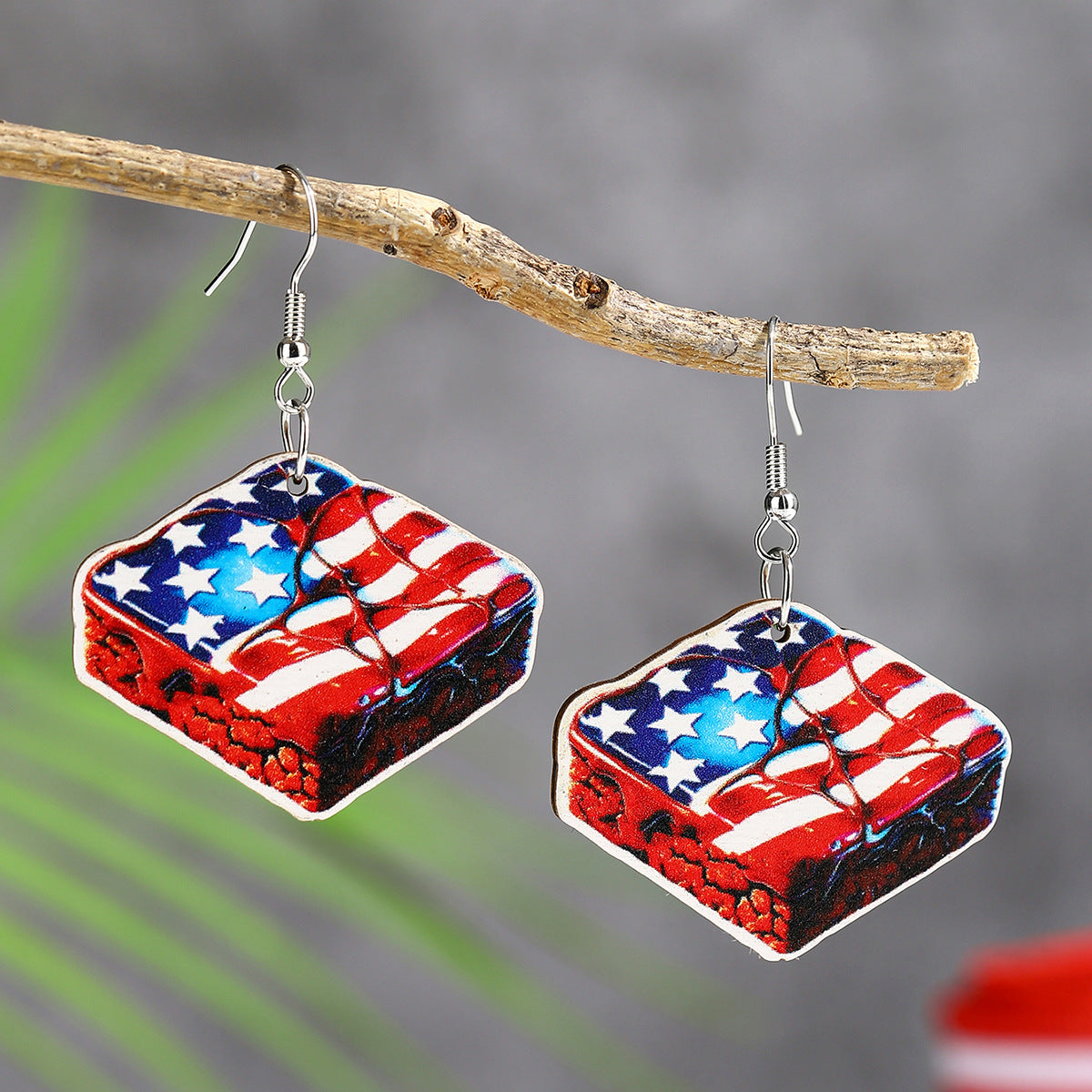 Wholesale  US Independence Day Element Wooden Water Drop Earrings