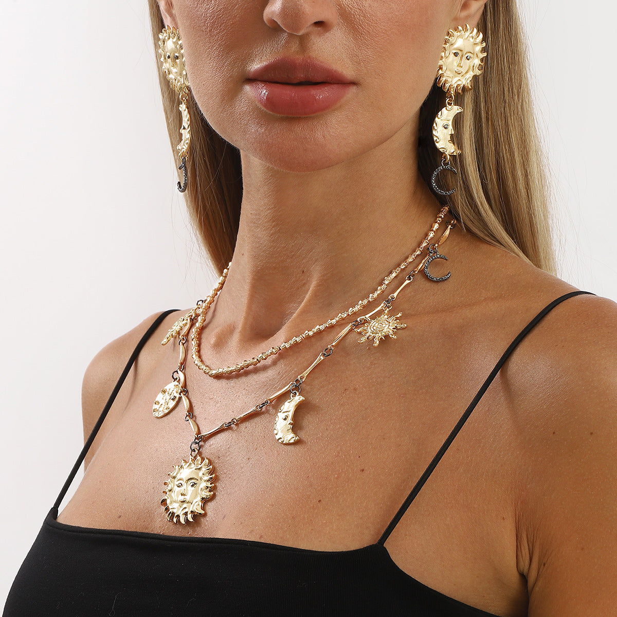 Wholesale Retro Sun Moon Face Portrait Geometric Tassel Earrings necklace