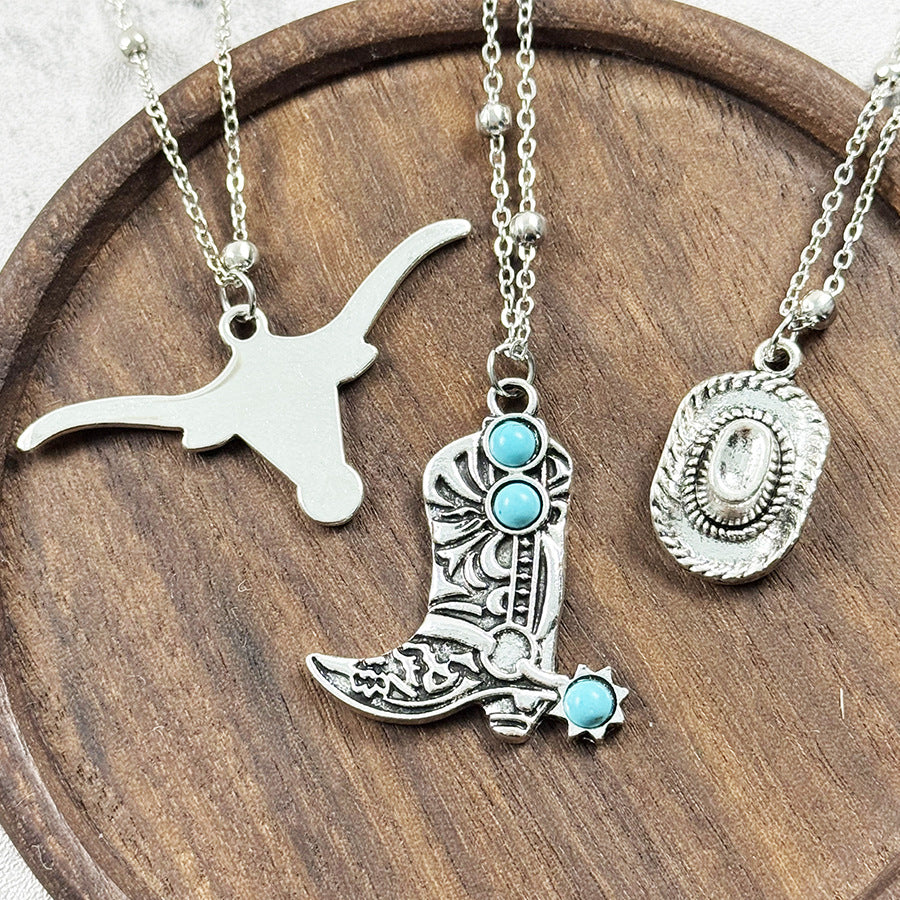 Wholesale Retro Cowboy Bull Head Boots Pendant Necklace Set Zinc Alloy Jewelry Accessory