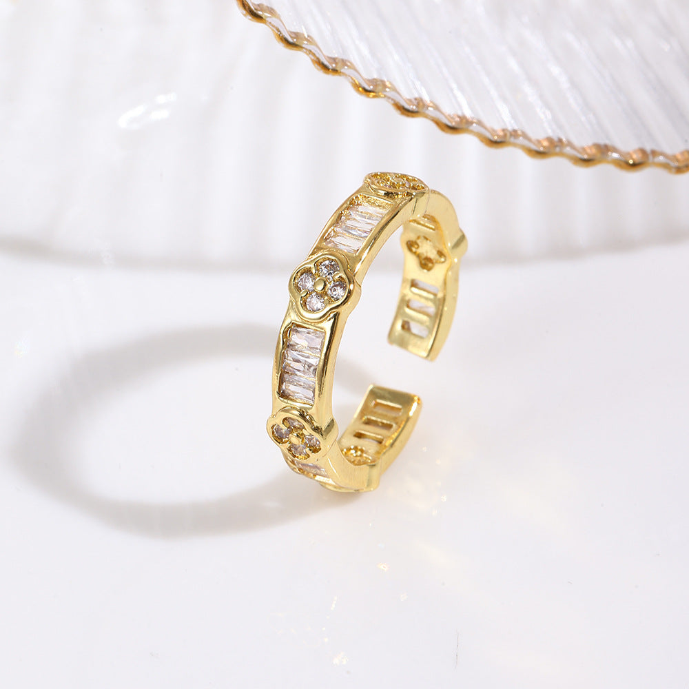 Wholesale Colorful zirconium four-leaf clover flower petal ring