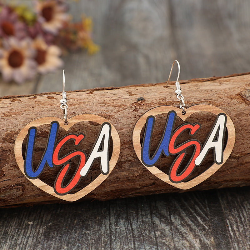 Wholesale  Independence Day Hollow Heart-shaped Stitching USA Independence Day Wooden Earrings