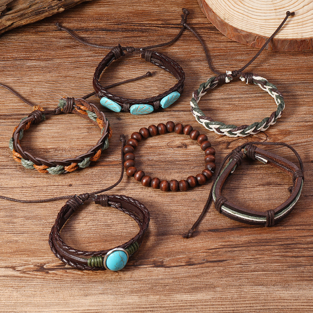 Wholesale Boho Blue Wood Bead Woven Multi Layer Bracelet Set Unisex 6 Piece Fashion Jewelry Accessory For Everyday Wear And Boutique Resale