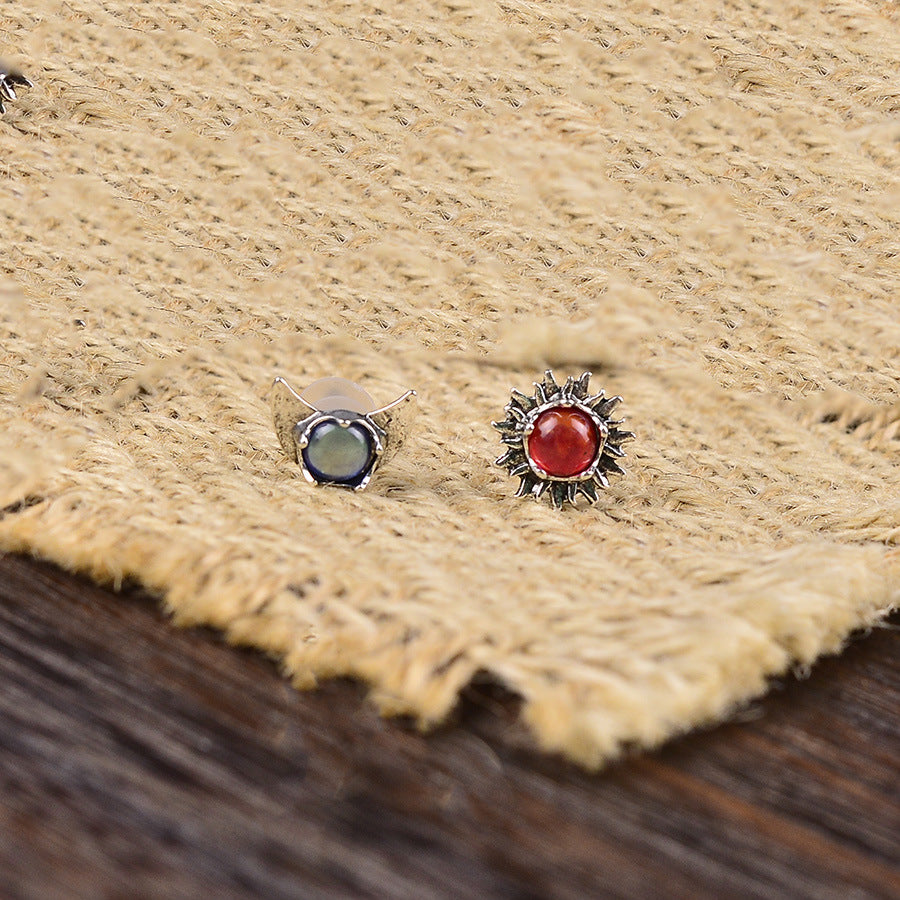 Wholesale European and American Creative Colorful Gemstone Sun and Moon Earrings,  Old Classical Elegant Moonstone Earrings for Women