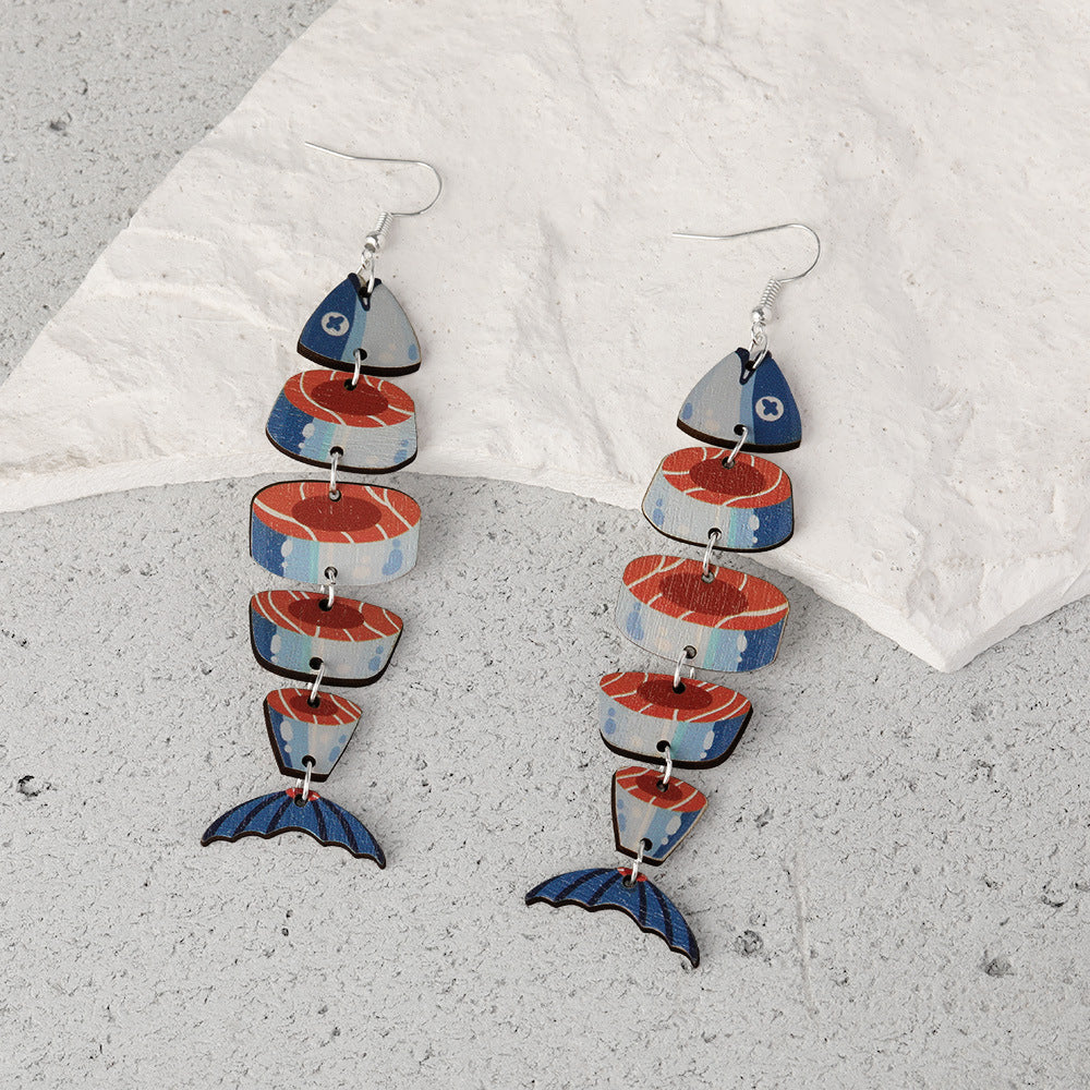 Wholesale  wood earrings personalized fish-shaped multi-segment connection earrings