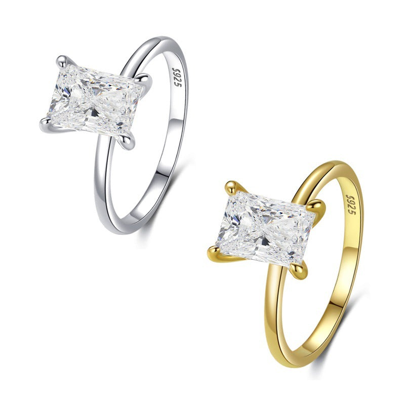 Wholesale  S925 sterling silver ice flower cut ring  luxury zircon square gold-plated ring