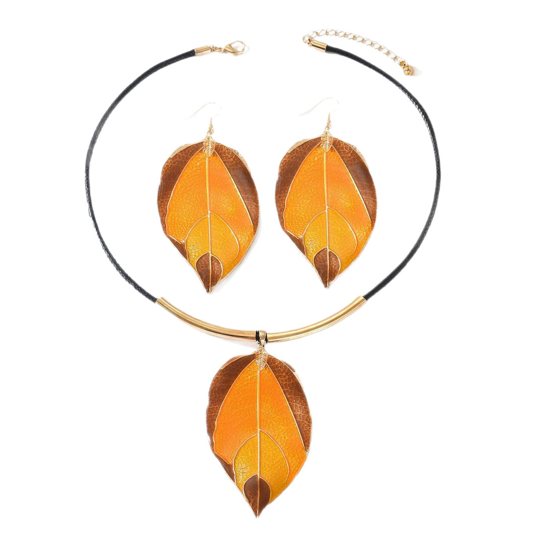 Wholesale Trendy Leaf Print Earrings and Necklace Set for Women - Old Money Style Jewelry Accessory