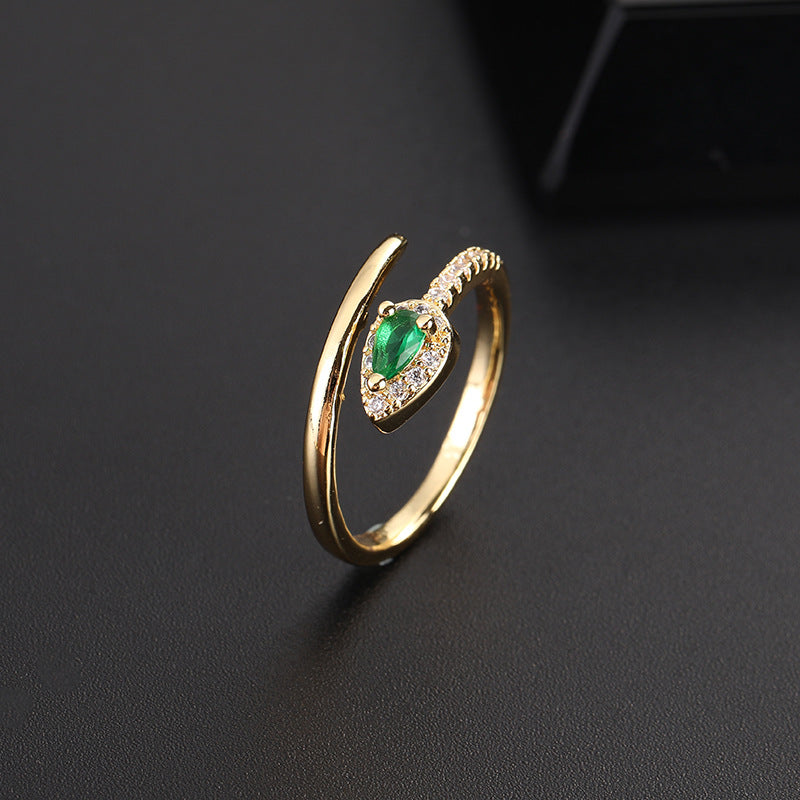 Wholesale Vintage Emerald Green Open Snake Ring Copper Zircon Women S Fashion Jewelry Accessory