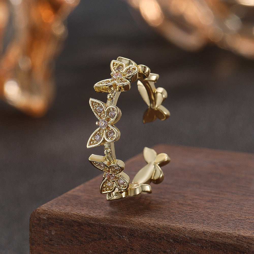 Wholesale Trendy Gold Butterfly Rhinestone Adjustable Ring Copper Zircon Fashion Jewelry Accessory For Men Women Everyday Wear Gift