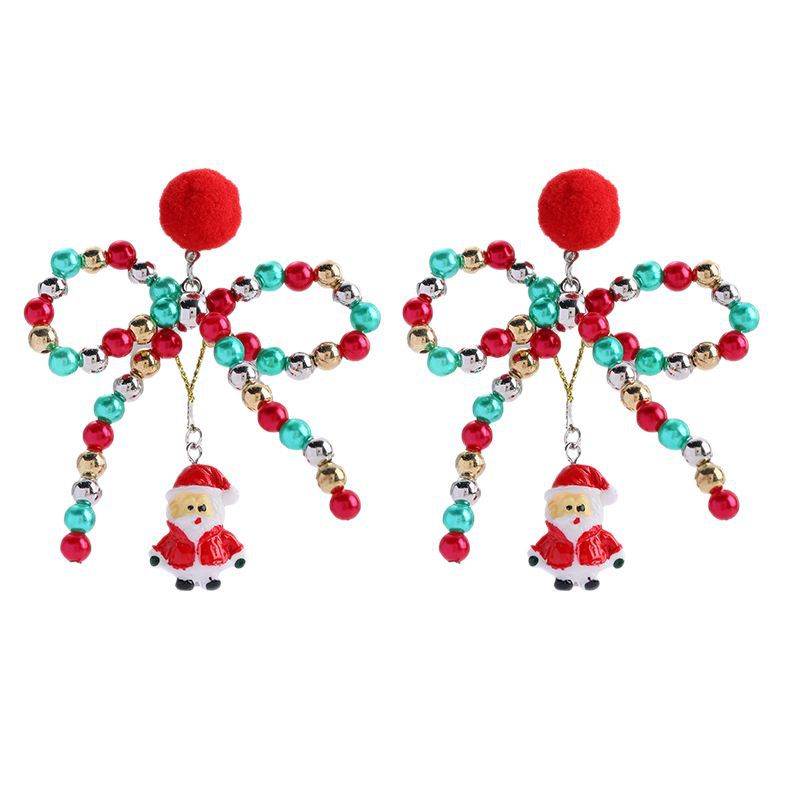 Wholesale Christmas Colorful Beaded Bow  Pom-Pom Earrings