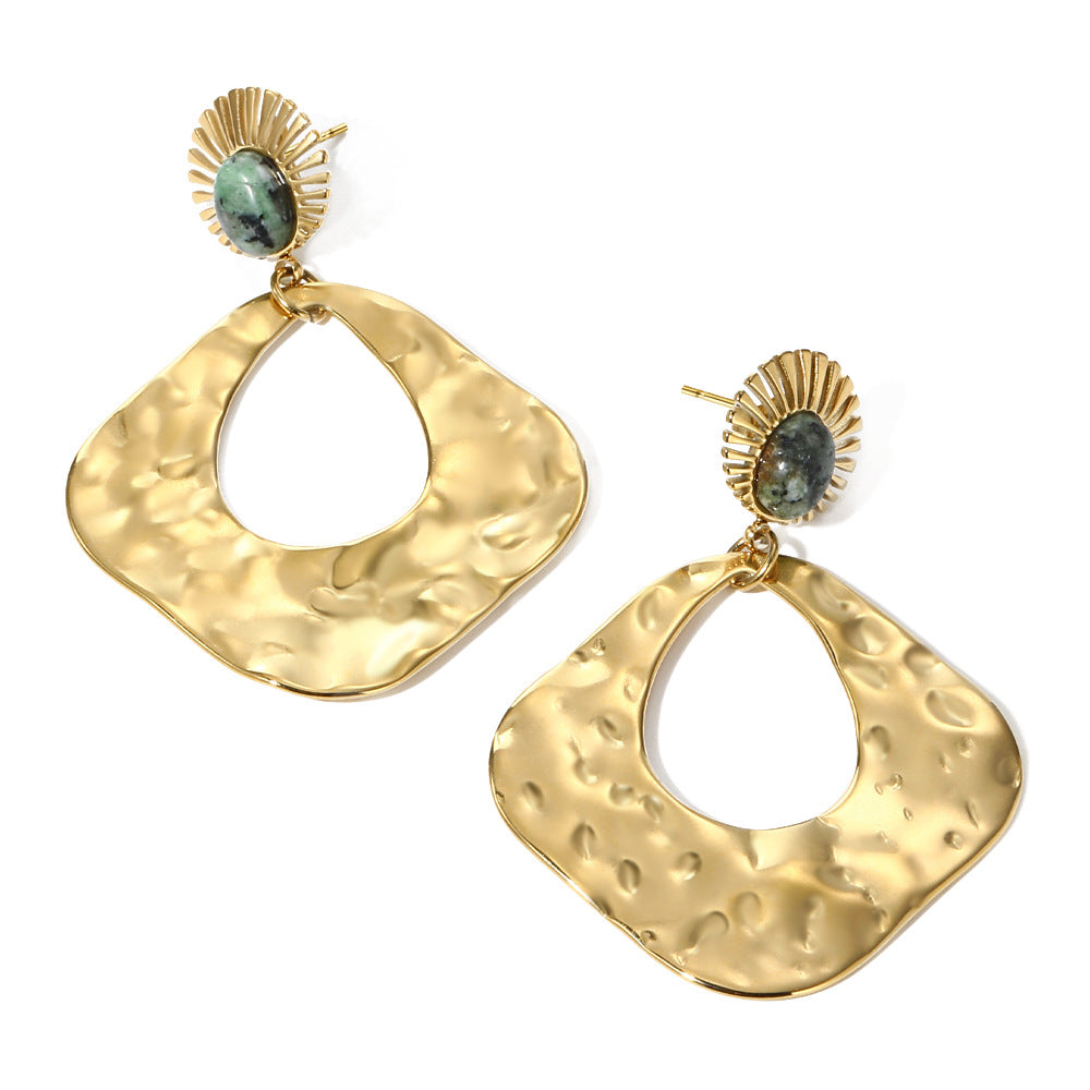 Wholesale Bohemian Retro Hammer Pattern Natural Stone Stainless Steel Earrings