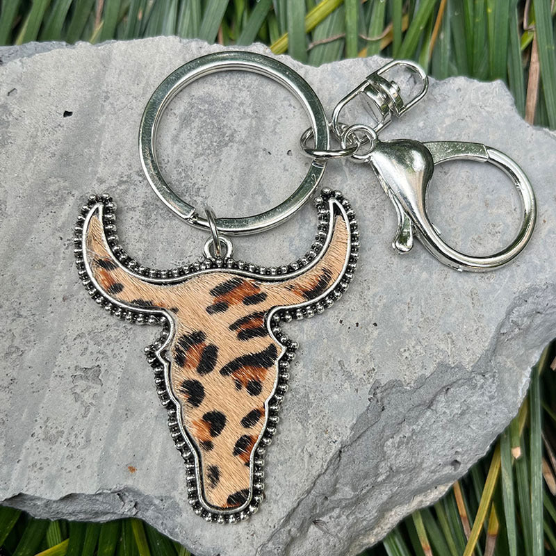 Wholesale of 2pcs/pack Western Style Genuine Leather Cow Print Leopard Print Cow Head Keychain ACC-KC-HY009