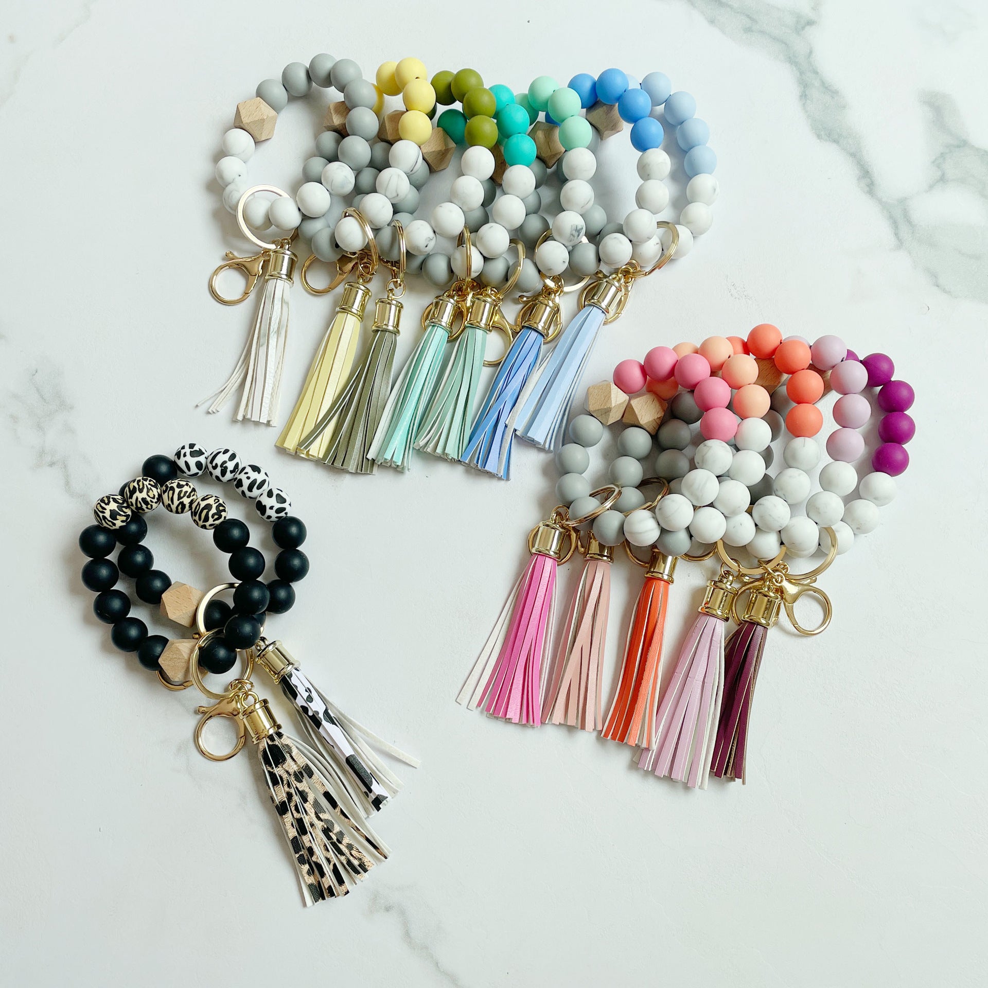 Wholesale Silicone Beads Bracelet Wooden Beads Leopard Print Cow Print Wristlet Keychain ACC-KC-Jinz001