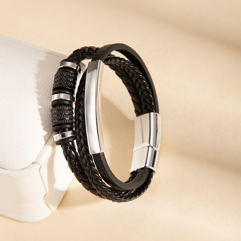 Wholesale Woven PU Leather Men S Fashion Bracelet Three Layer Design With Engravable Alloy Magnetic Clasp Everyday Accessory