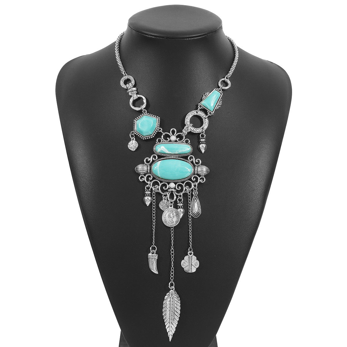 Wholesale  exaggerated pattern inlaid turquoise alloy necklace