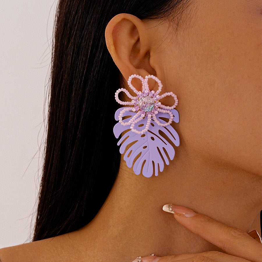 Wholesale Glass Rice Beads Flower Leaves Silver Pin Earrings