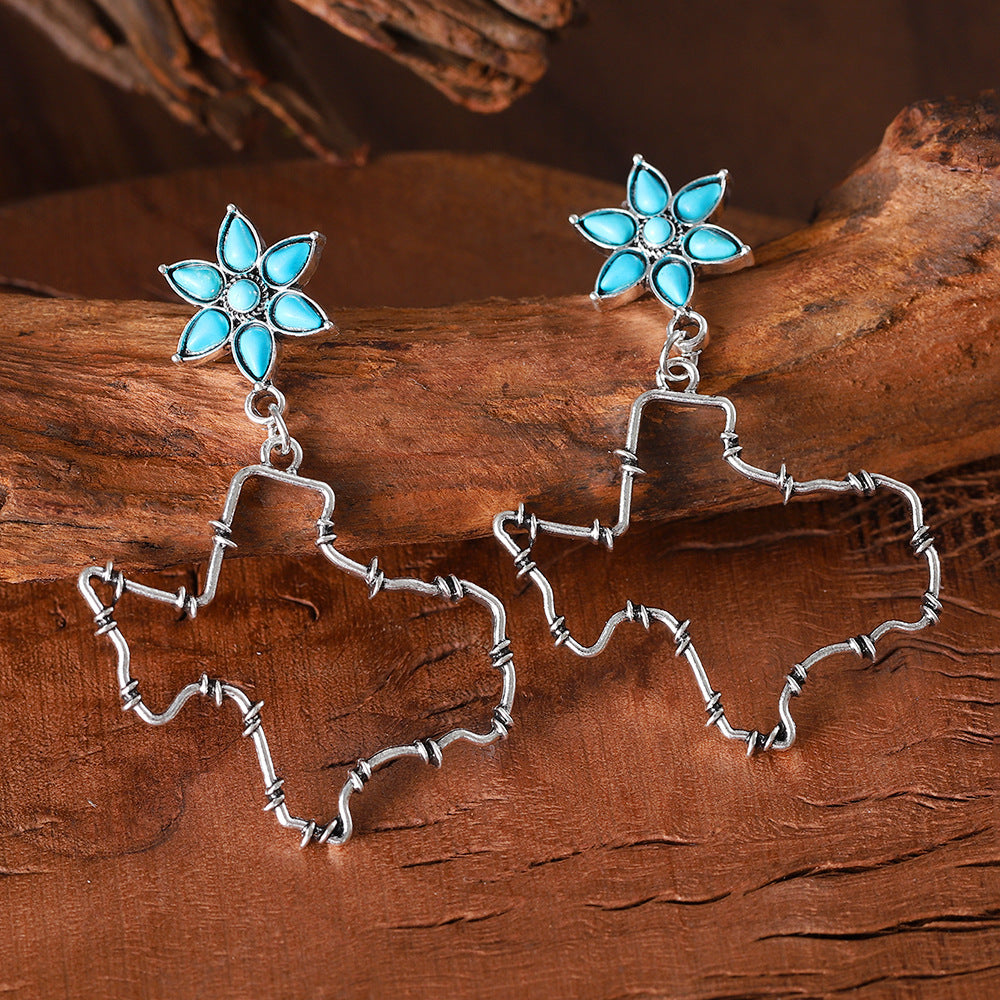 Wholesale Western Style Old Texas Flower Turquoise Inlaid Earrings