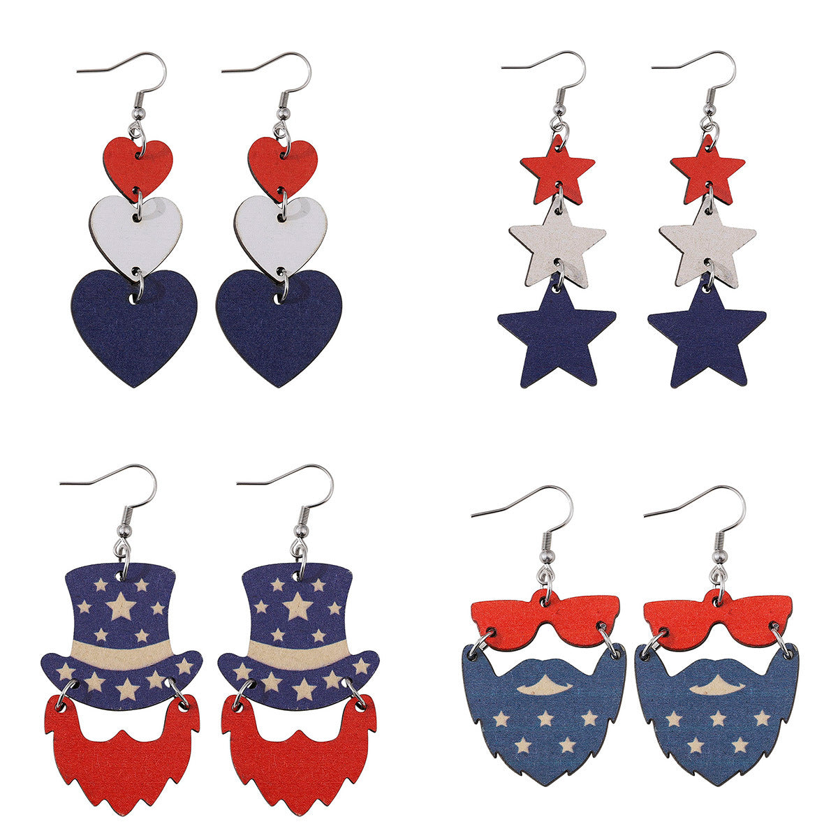 Wholesale of American Independence Day Red, White, Blue Flag, Love Star Hat, Beard, Wooden Double Sided Earrings ACC-ES-ChuLian004