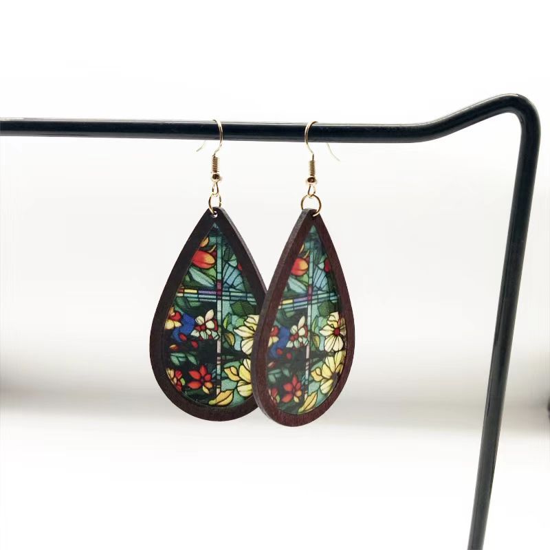 Wholesale teardrop shaped inlaid acrylic church color print earrings