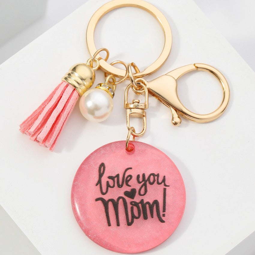 Wholesale MOM tassel pearl resin round card keychain