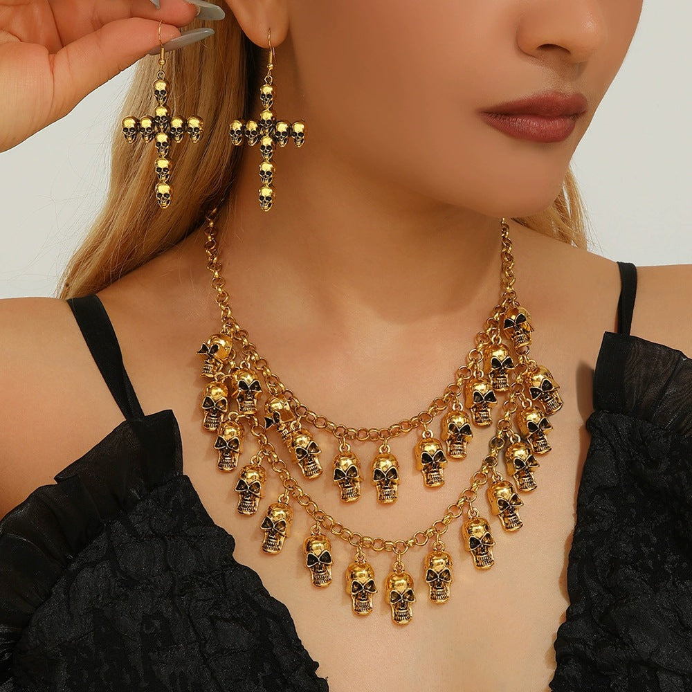 Wholesale Alloy Skull Fringe Necklace and Earrings Set  Gothic Jewelry for Party