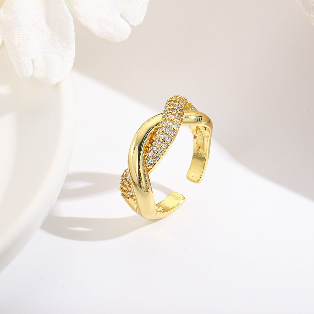 Wholesale Wave-patterned copper-inlaid zircon-wrapped adjustable ring