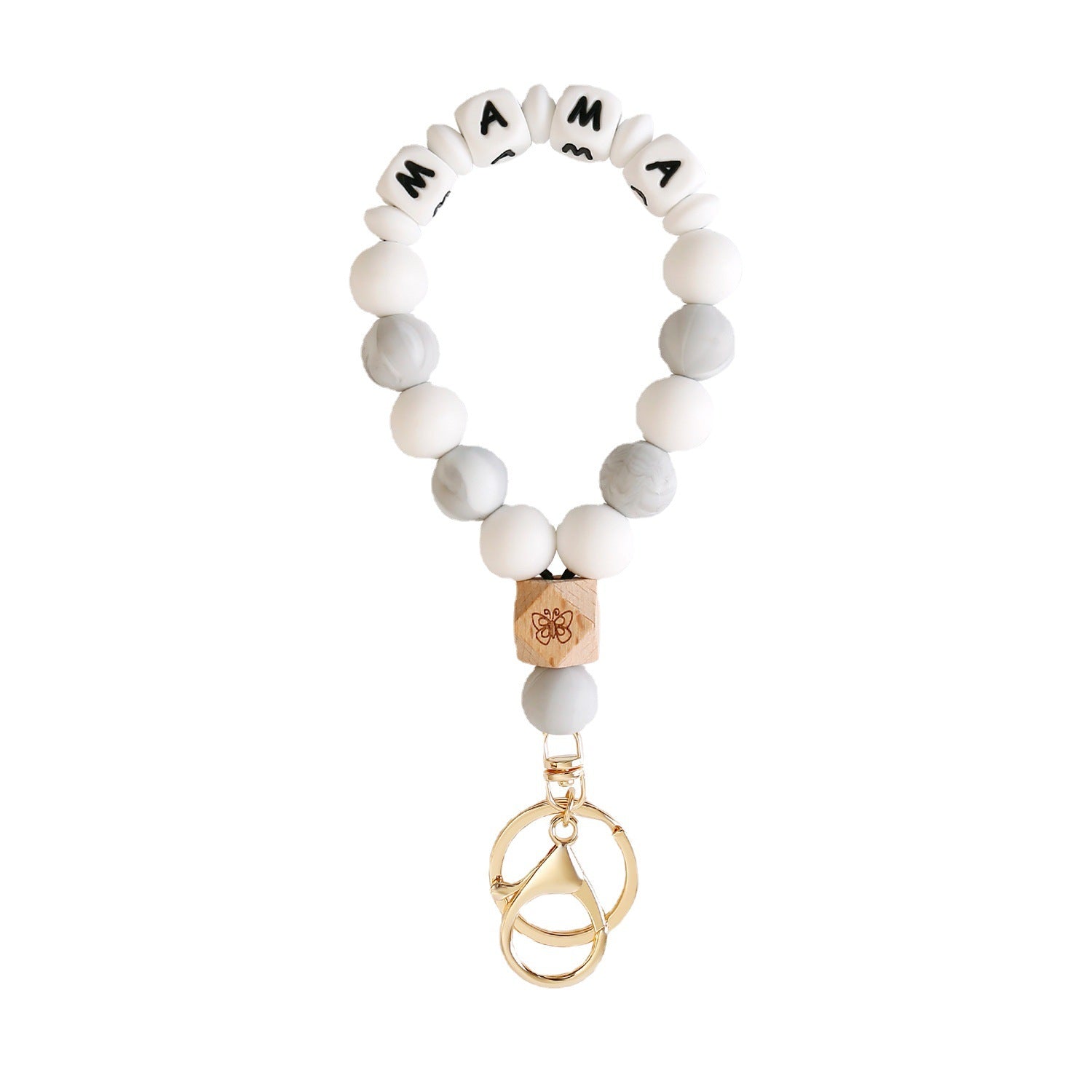 Wholesale MAMA Silicone Bracelet Keychain Butterfly Wooden Beads Beaded Mother's Day Keychain Wristlet Keychain ACC-KC-Jinz002