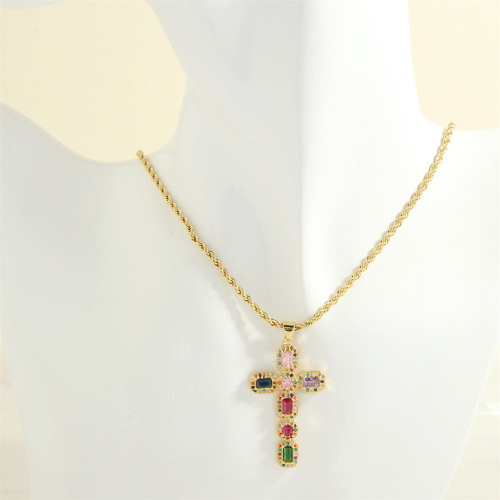 Wholesale Micro-inlaid colored zirconium cross necklace electroplated 18K gold clavicle chain jewelry